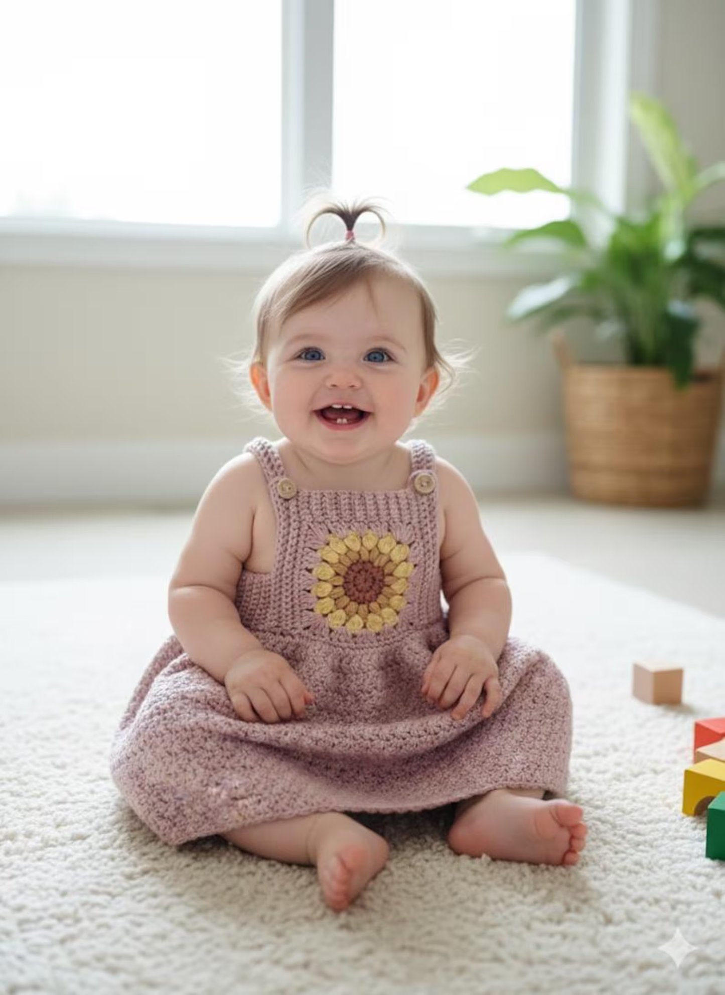 Sunflower Overalls and Dress Crochet Pattern sizes Newborn to 4 Years