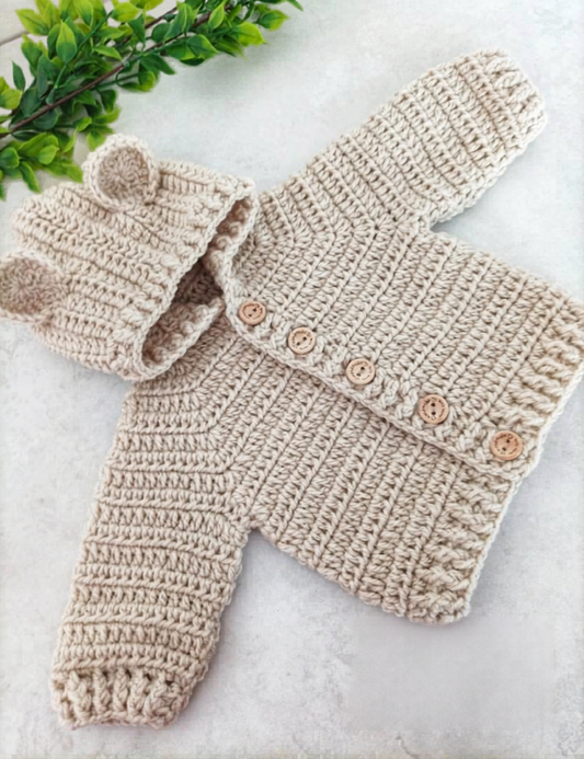 Bear Hooded Jacket Cardigan Crochet Pattern size's preemie to 10 Years