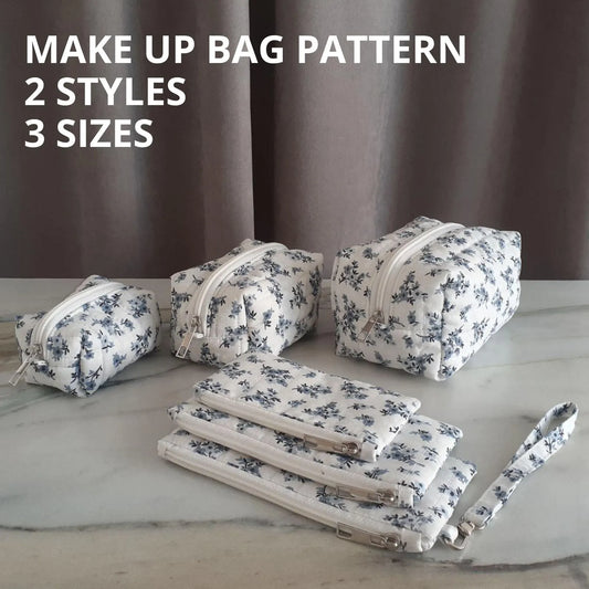 Makeup bag sewing pattern, 2 styles, 3 sizes, Quilted toiletry bag