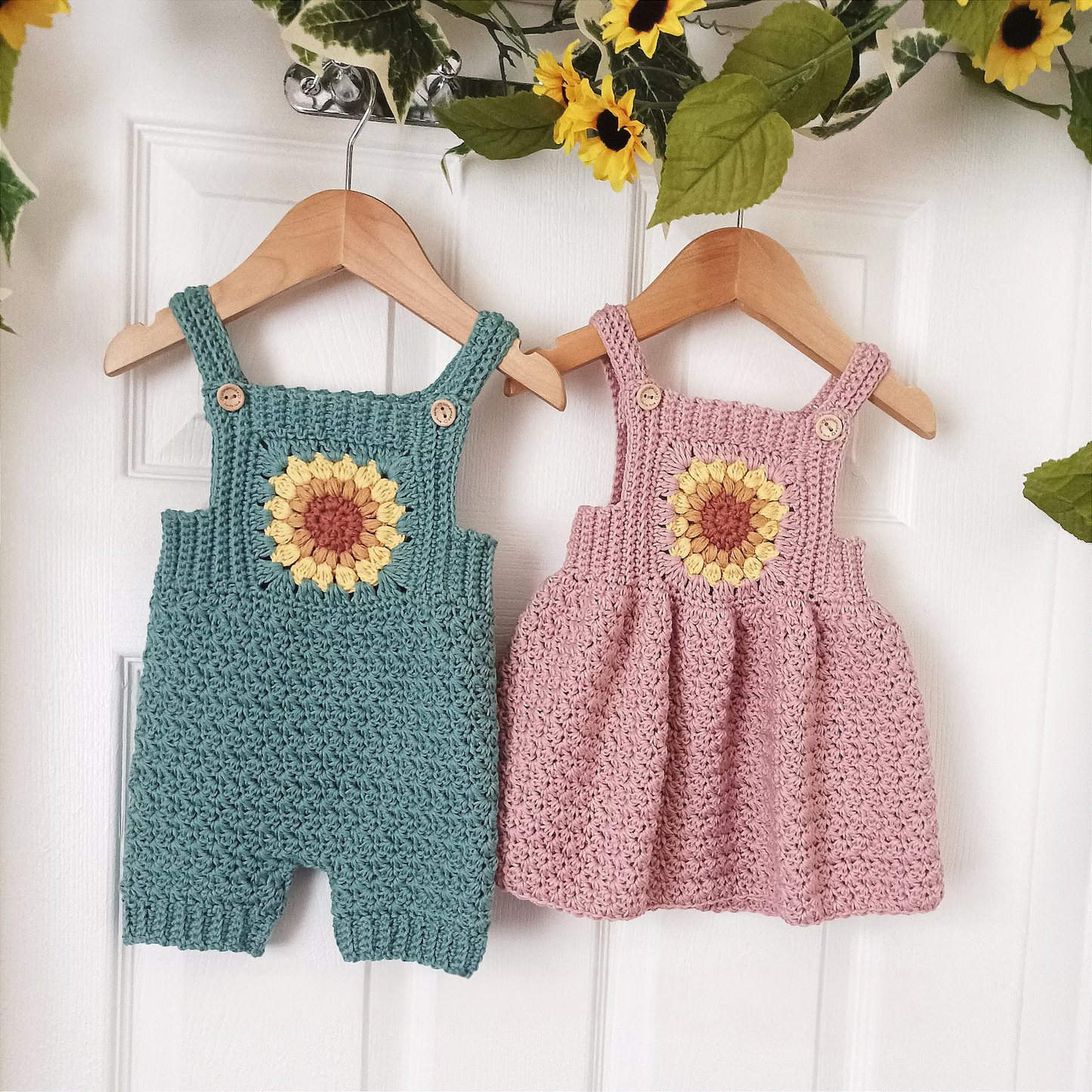 Sunflower Overalls and Dress Crochet Pattern sizes Newborn to 4 Years