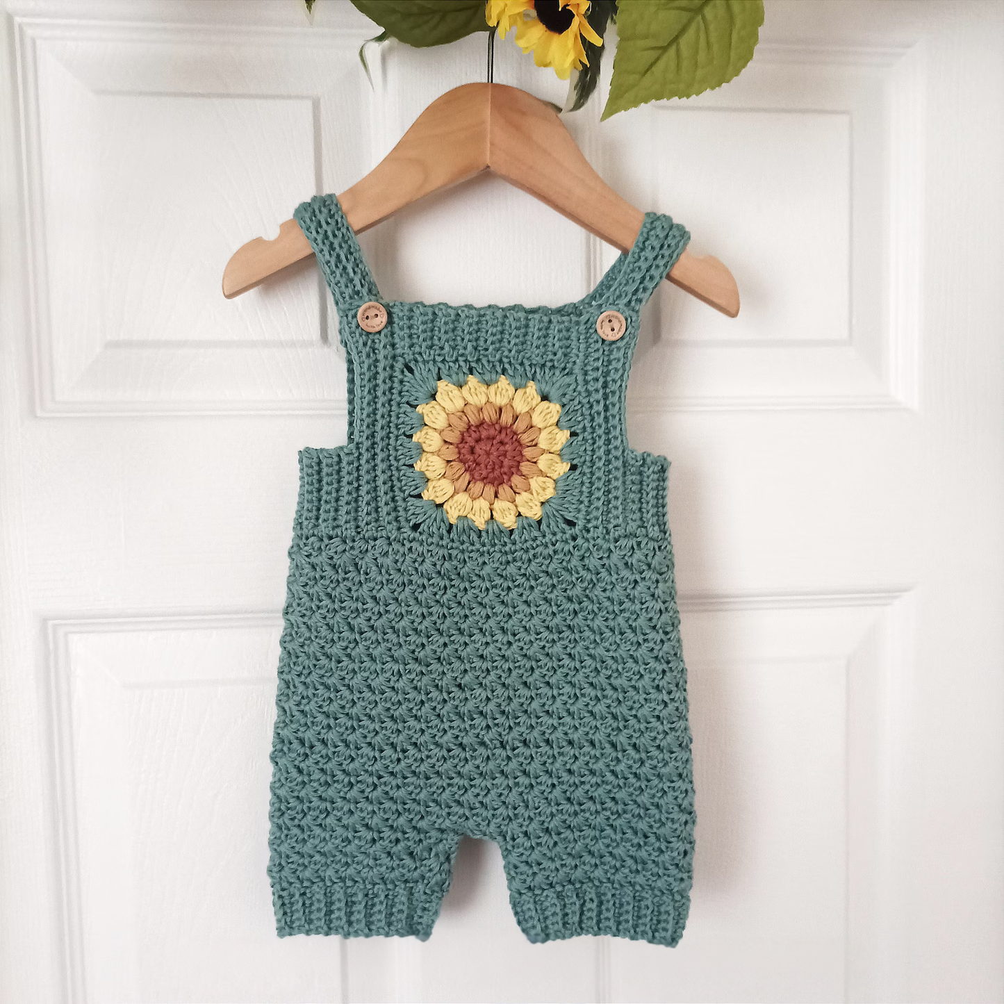 Sunflower Overalls and Dress Crochet Pattern sizes Newborn to 4 Years