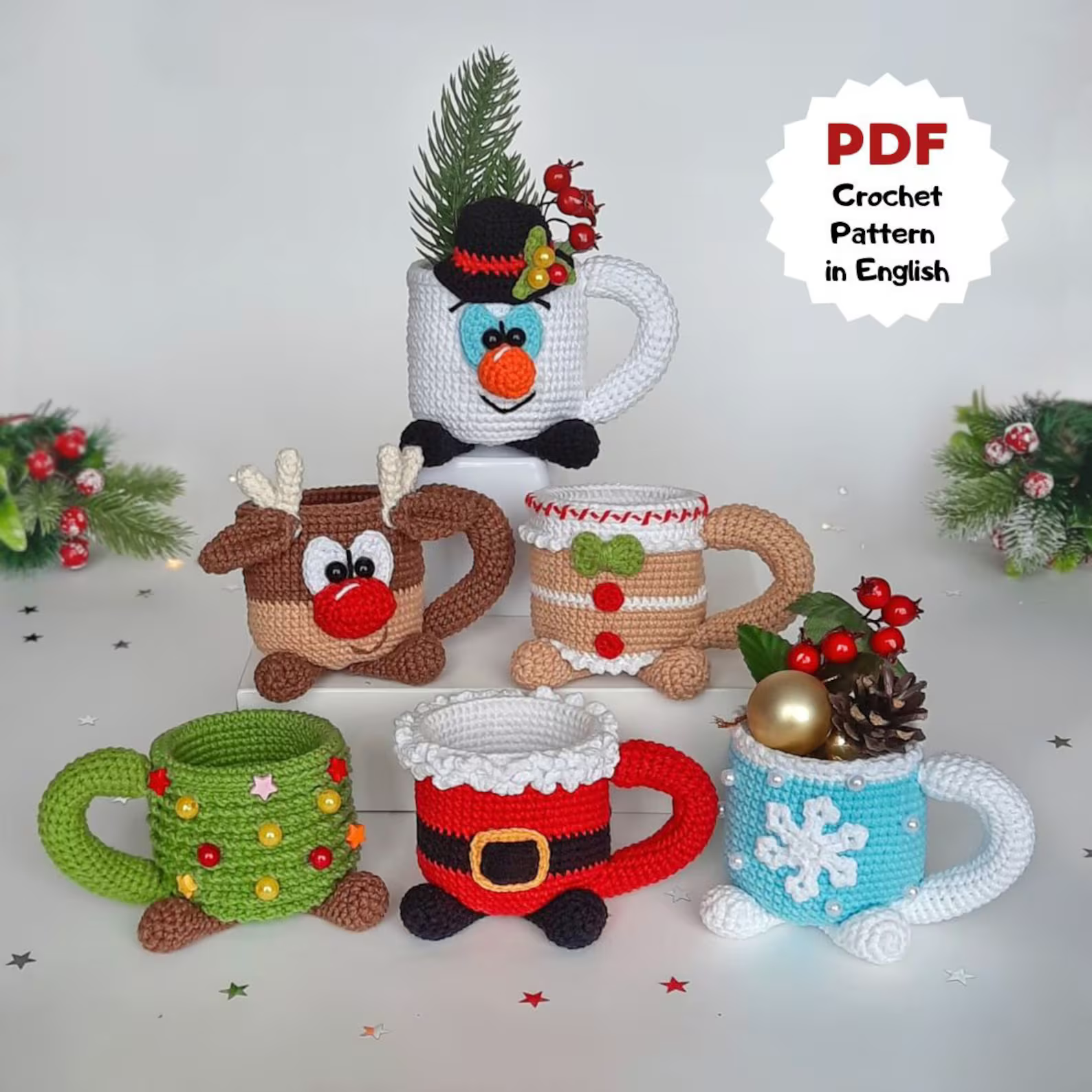 Crochet Christmas Mugs Set – Set of 6 Patterns