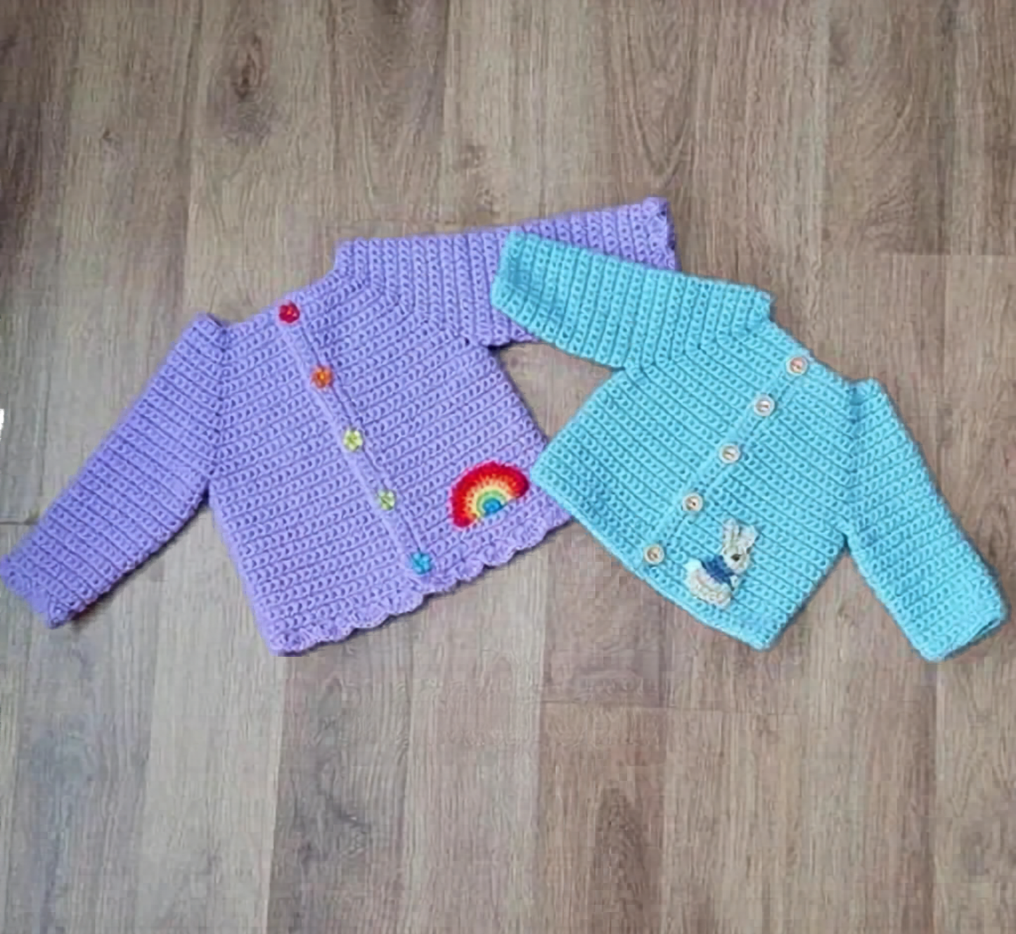 Simple Baby Cardigan Crochet Pattern PDF with Bunny & Rainbow Appliqué | Preemie to 3-4 Years